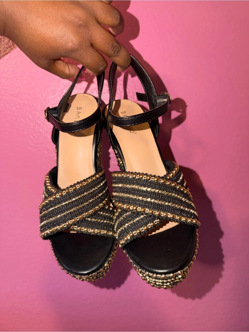 BAMBOO Black & Gold Striped Woven Platform Wedge Sandals